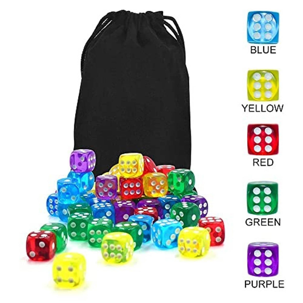 Assorted translucent six-sided dice with white pips and black drawstring pouch