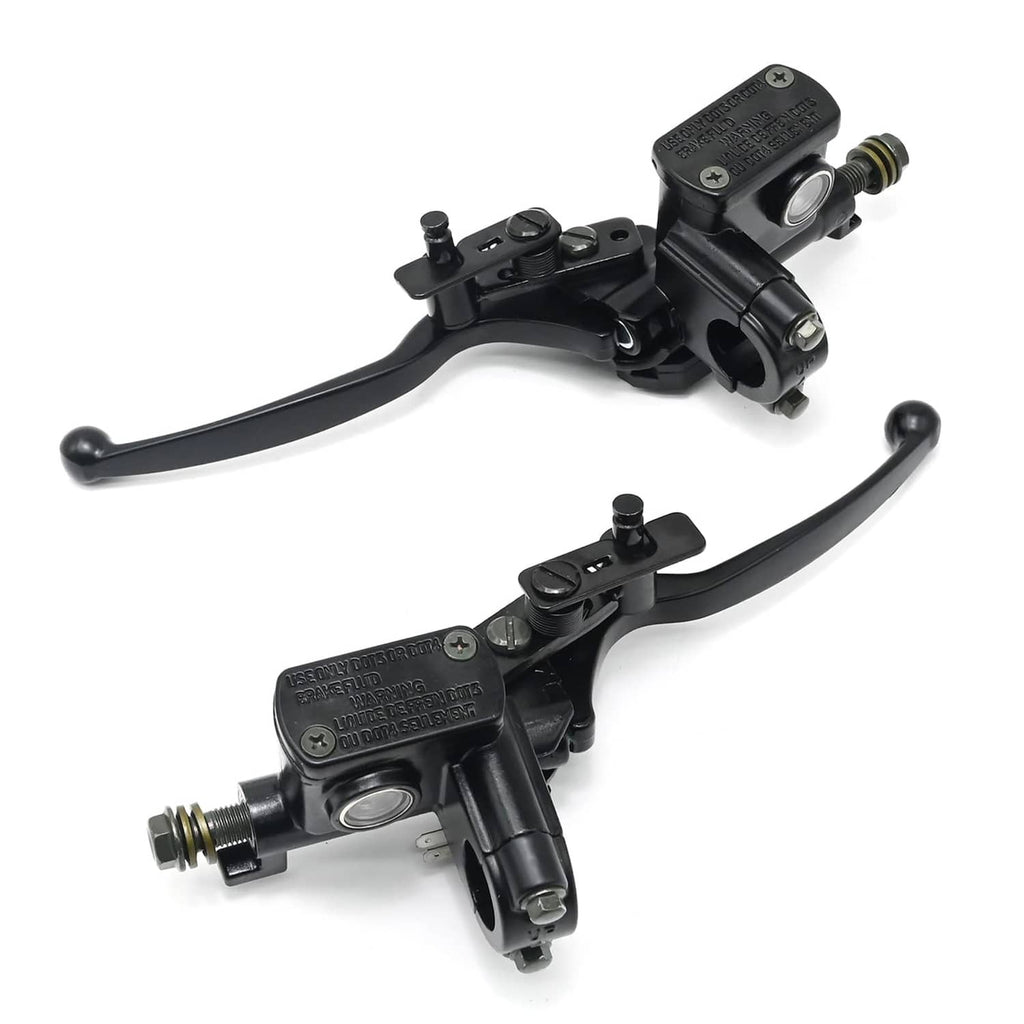 Black right and left brake master cylinders with long lever handles and mounting bolts