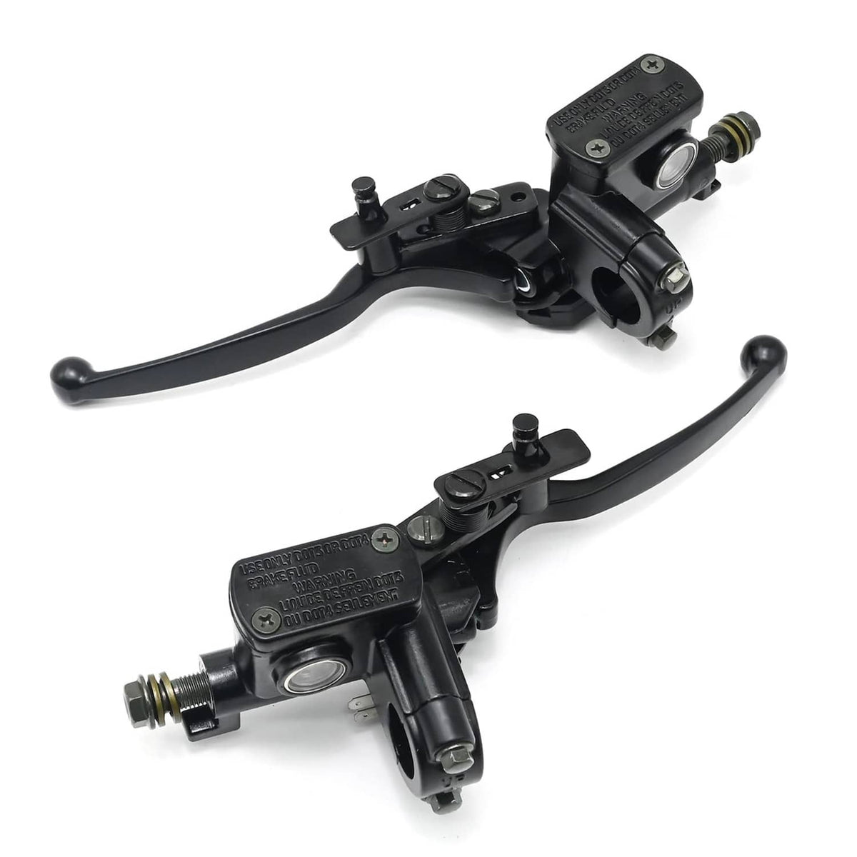 Black right and left brake master cylinders with long lever handles and mounting bolts
