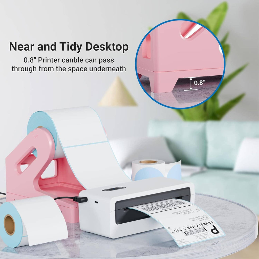 Pink label holder for thermal printer with label roll and feed slot