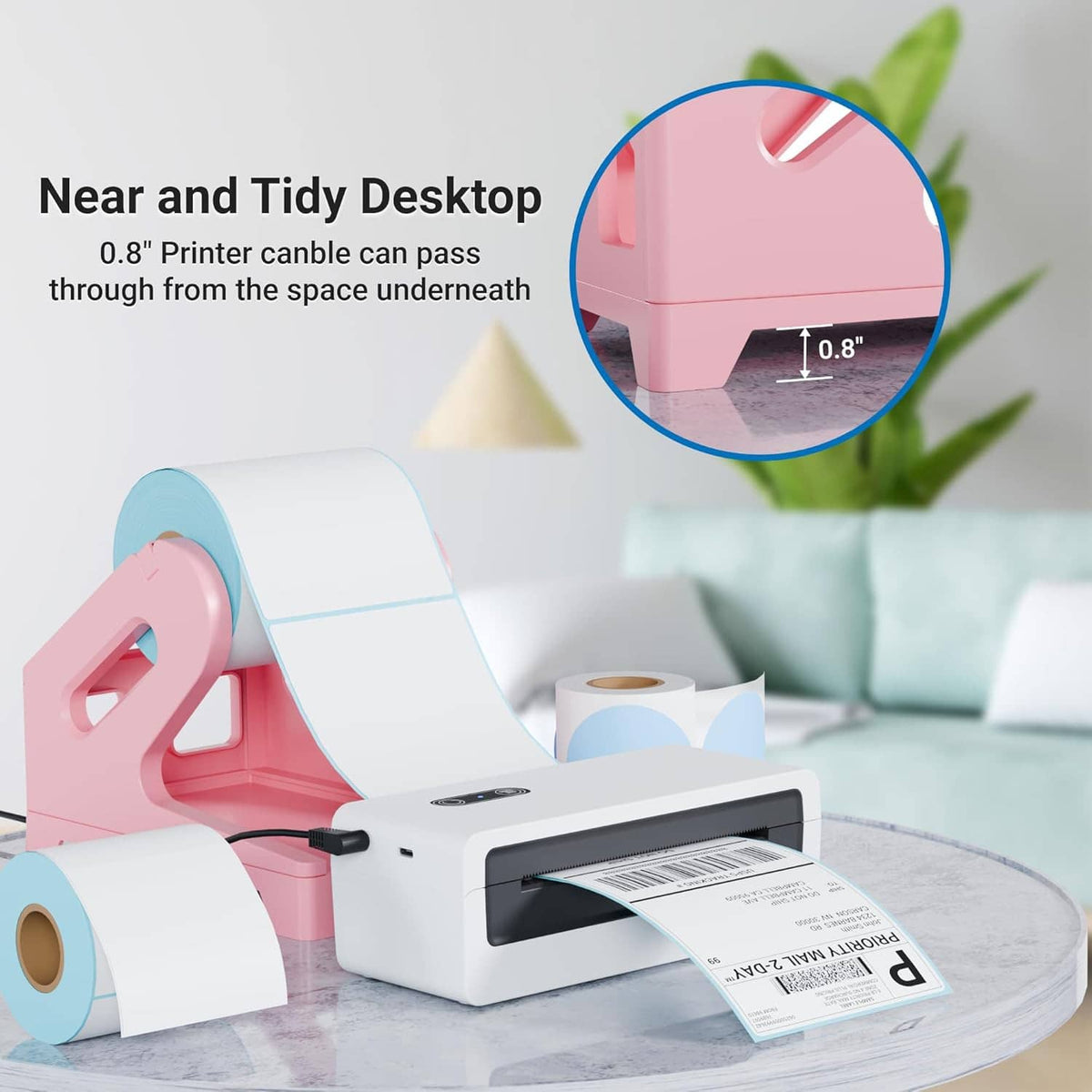 Pink label holder for thermal printer with label roll and feed slot