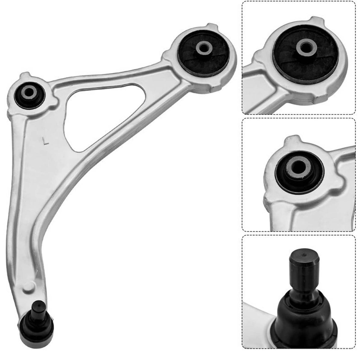 Front lower control arm set with rubber bushings, black pivot mounts, and bracket