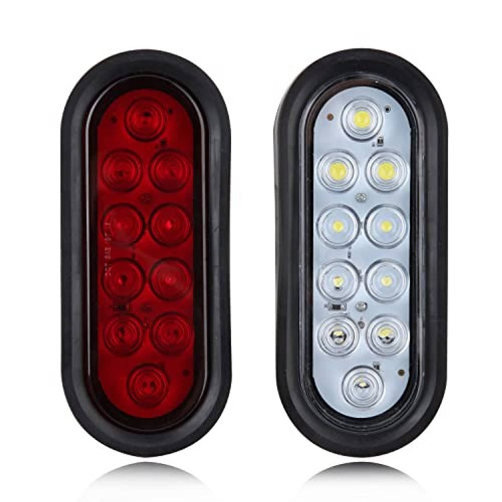 Pair of oval LED trailer tail lights: red lens and white LED lens in black housing.