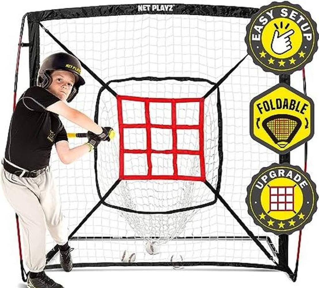 Baseball practice net with white mesh and red rectangular strike-zone grid on portable frame