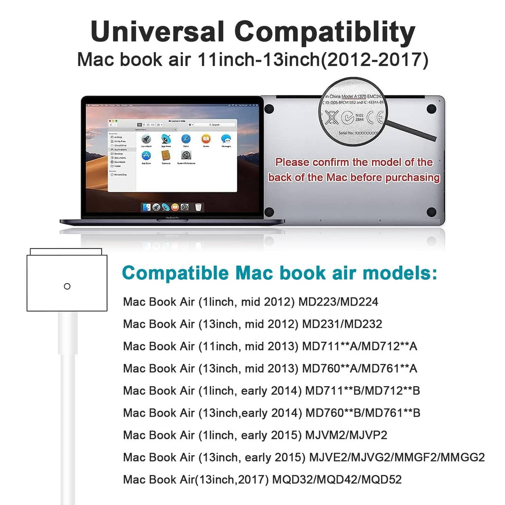 White 60W T-tip magnetic charger with compatibility diagram for MacBook Air