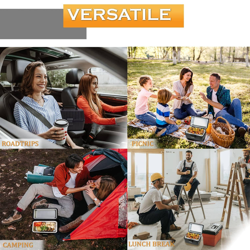 Portable heating lunch box shown with meals for road trips, camping, and lunch breaks