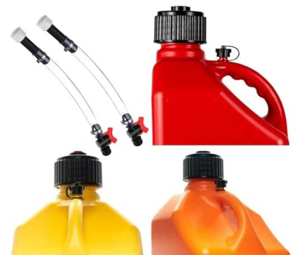 Racing fuel jug hose with red ball valve and black threaded fittings, two-hose set