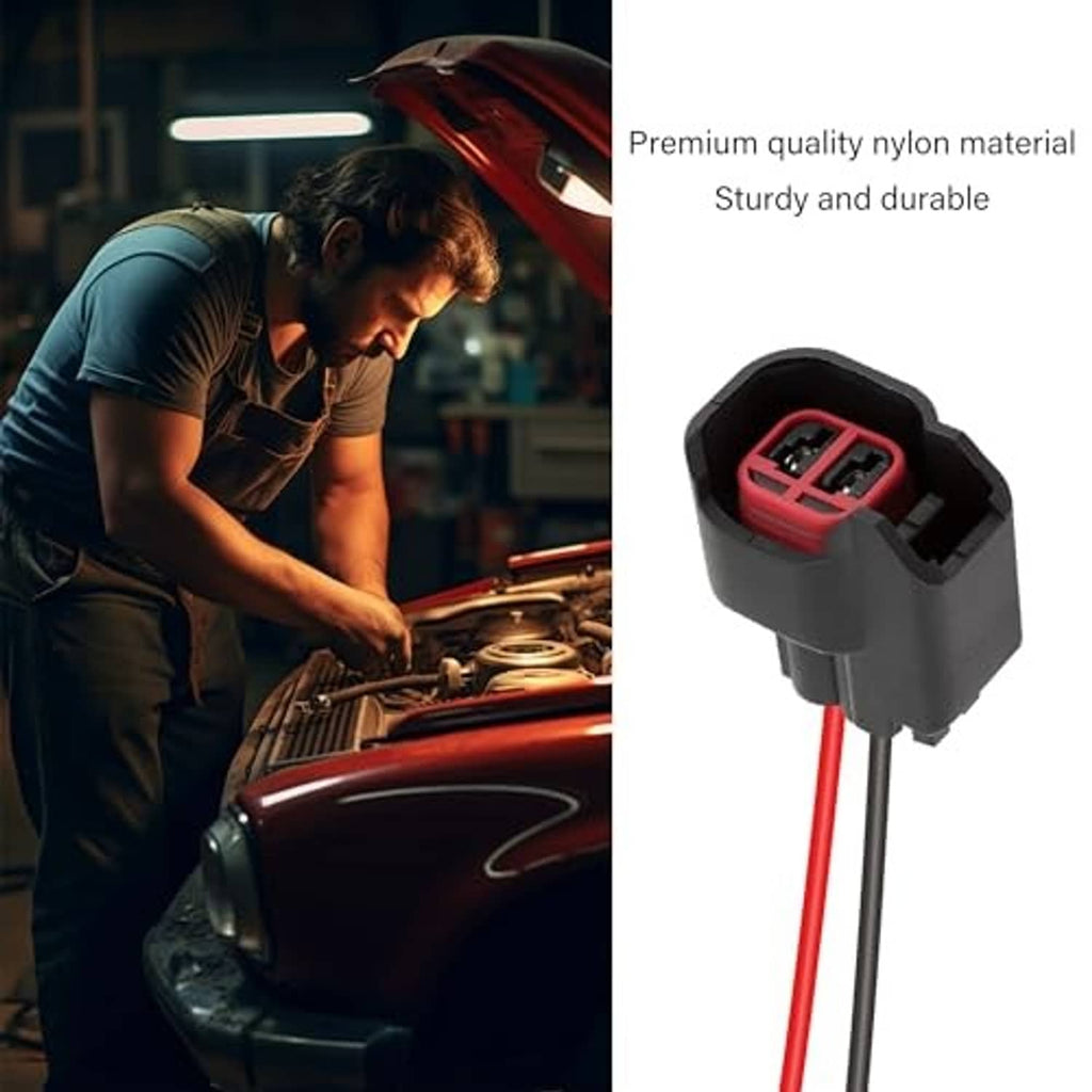 Fuel injector connector pigtail made of black housing with red latch and twin leads