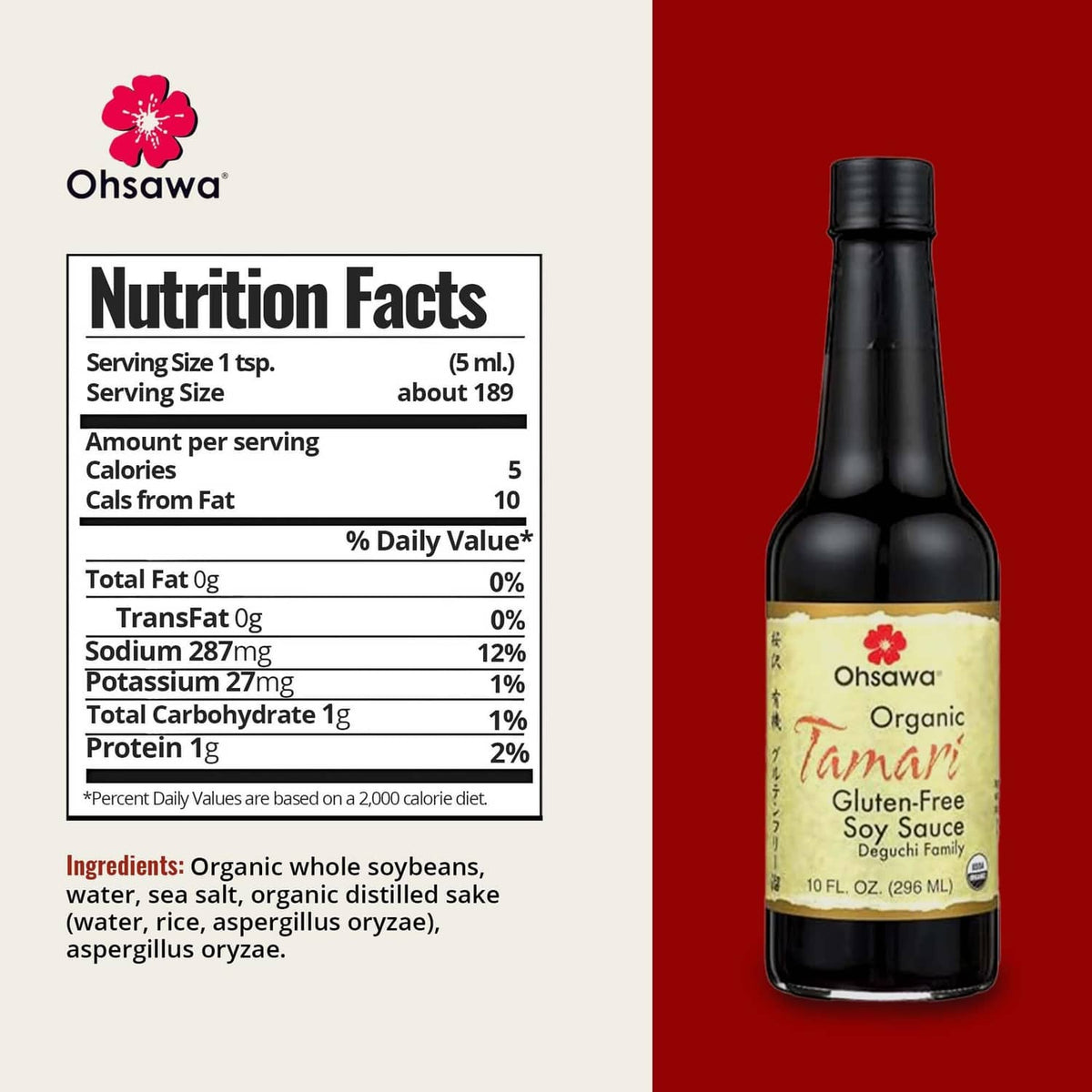 Organic tamari sauce bottle with gluten-free label