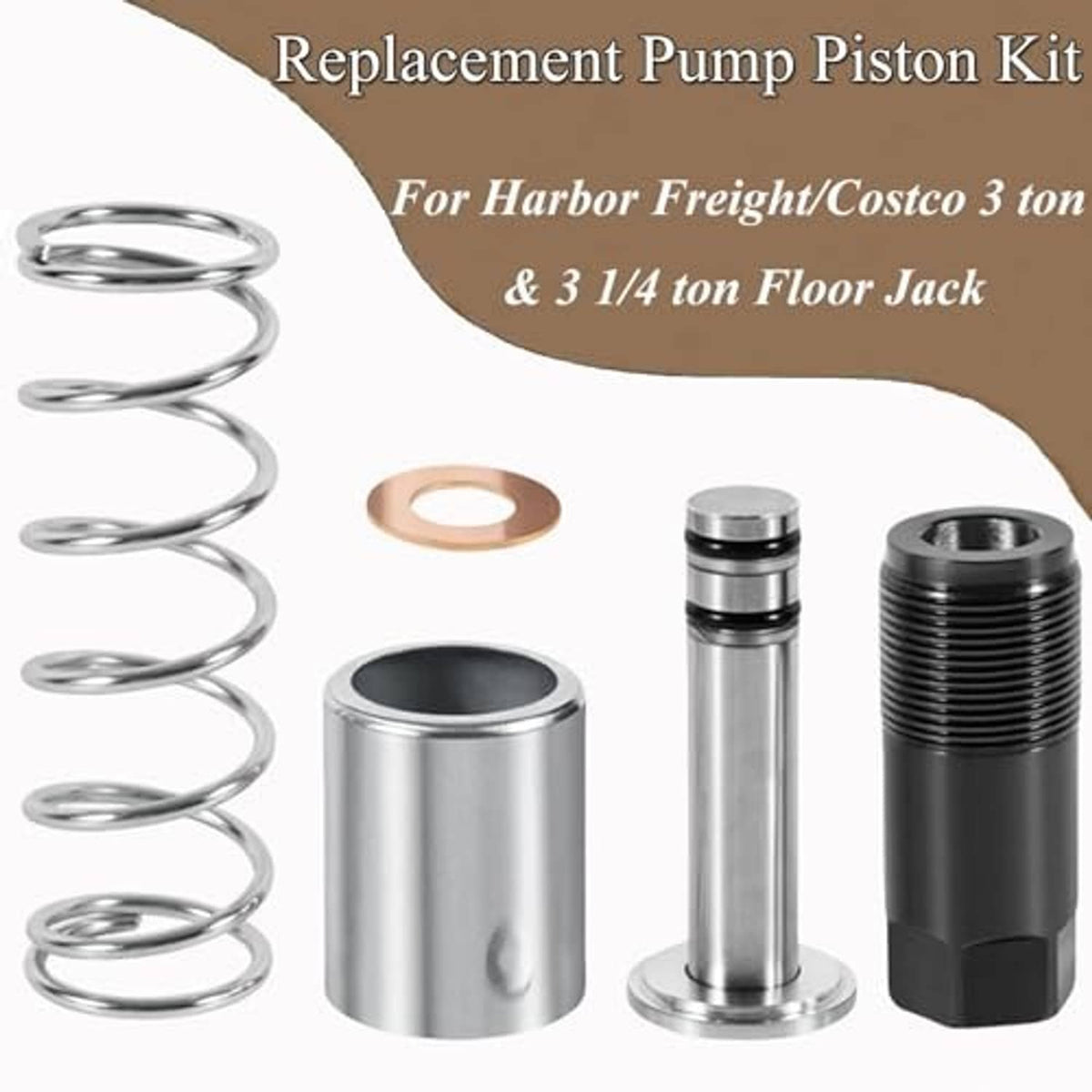 Pump piston replacement kit with coiled spring, piston rod, cylinder, washer, black housing