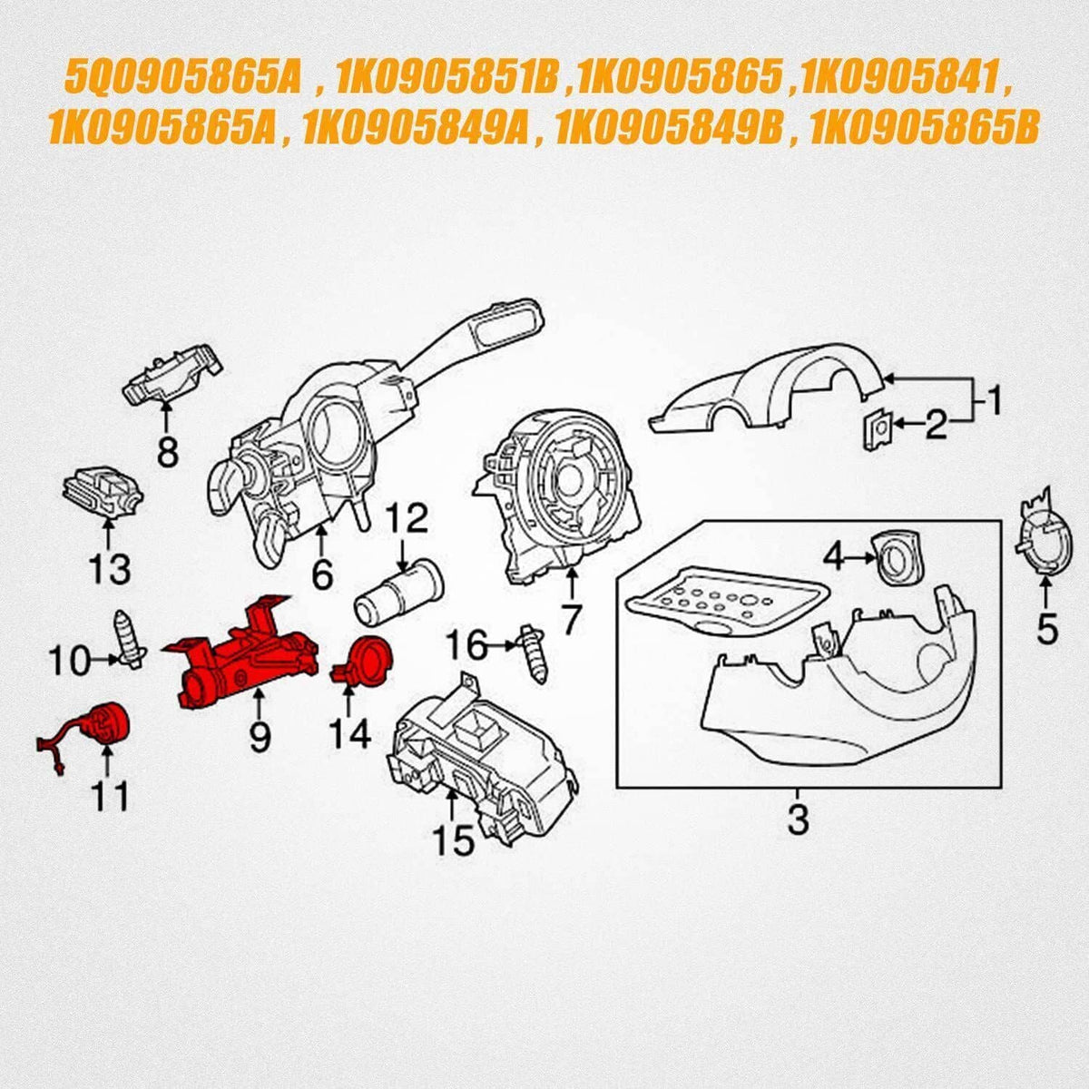 Exploded parts diagram of ignition switch lock cylinder and key components