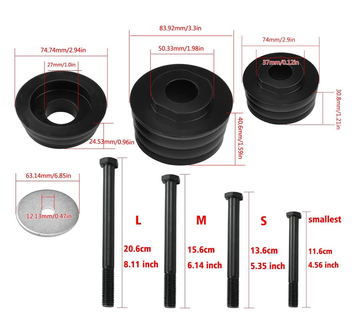 Dimension diagram for black body cab mount bushing set with bolt lengths L, M, S