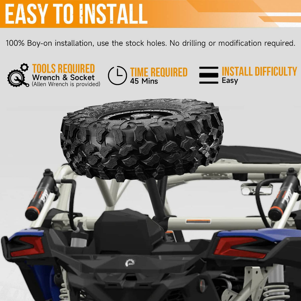 Spare tire carrier rack holding a spare wheel on the ATV back