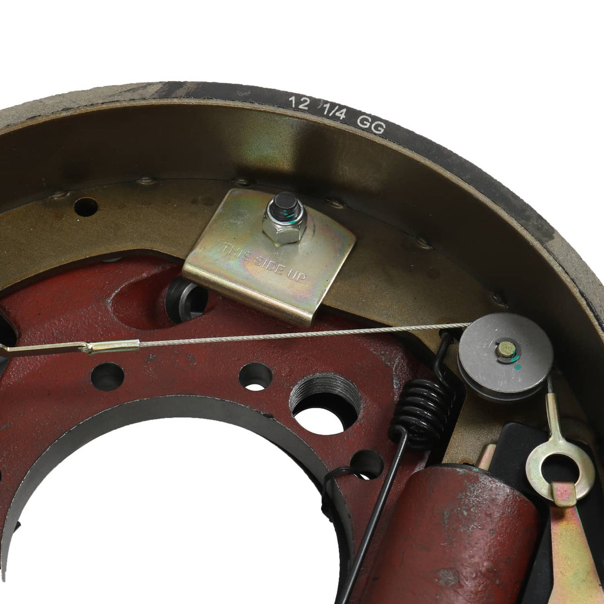 Hydraulic trailer brake drum backing with red components and steel return spring