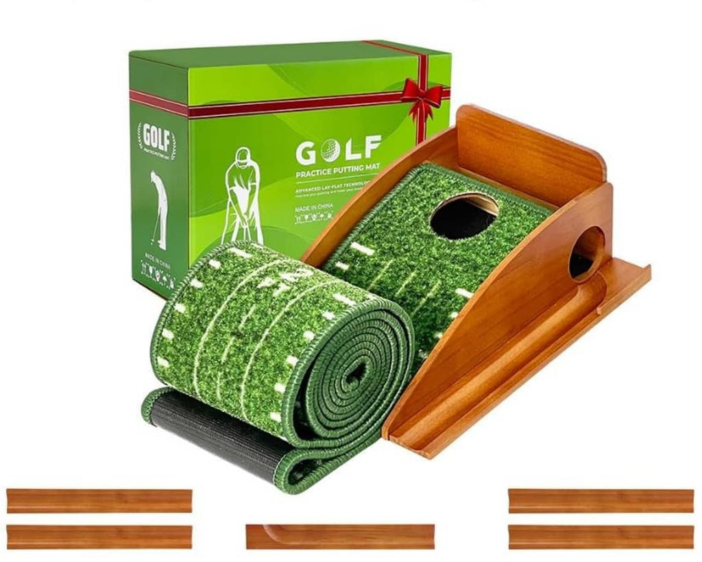 Indoor golf putting mat set with green turf surface, wooden ramp track, and side cup holes
