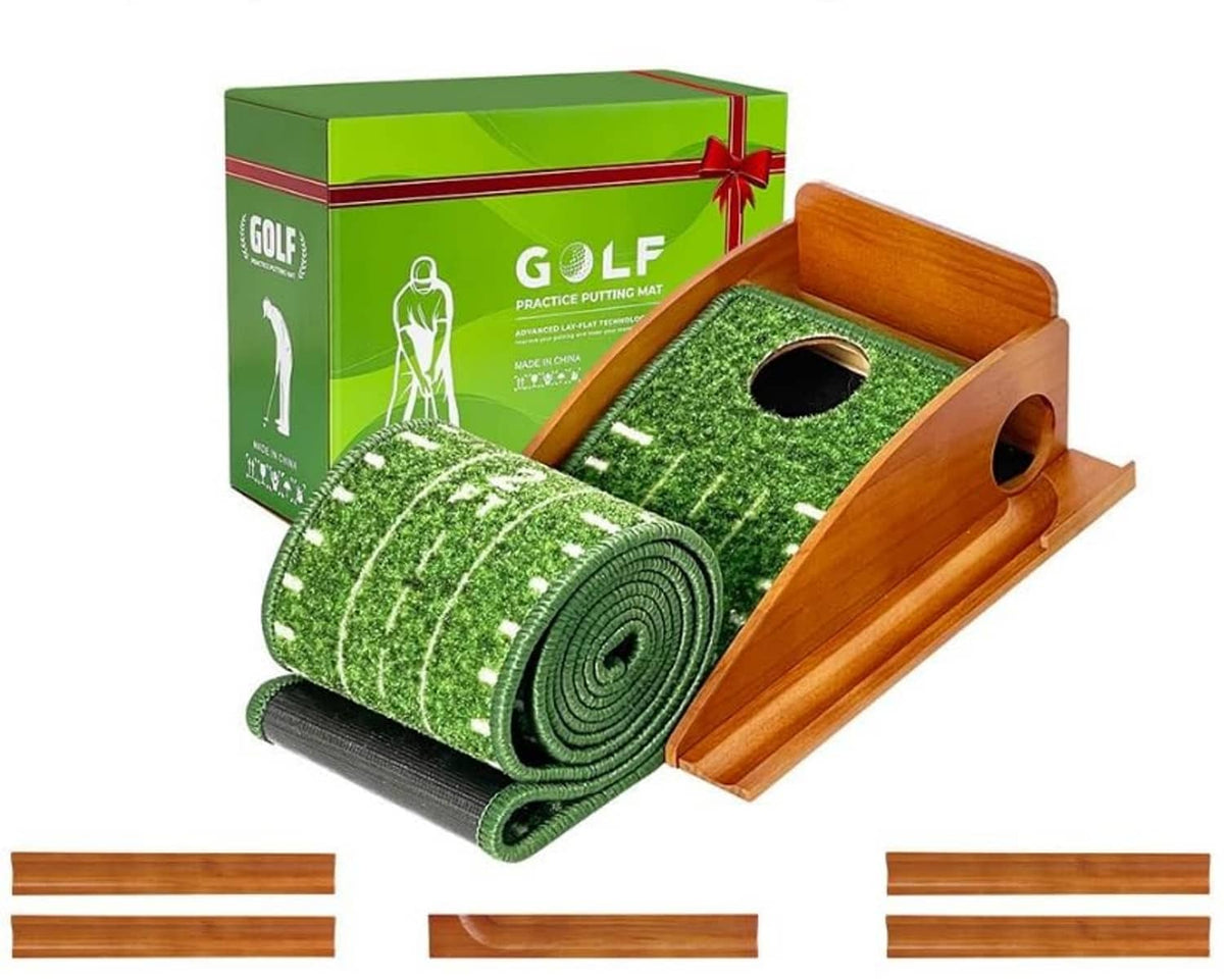 Indoor golf putting mat set with green turf surface, wooden ramp track, and side cup holes