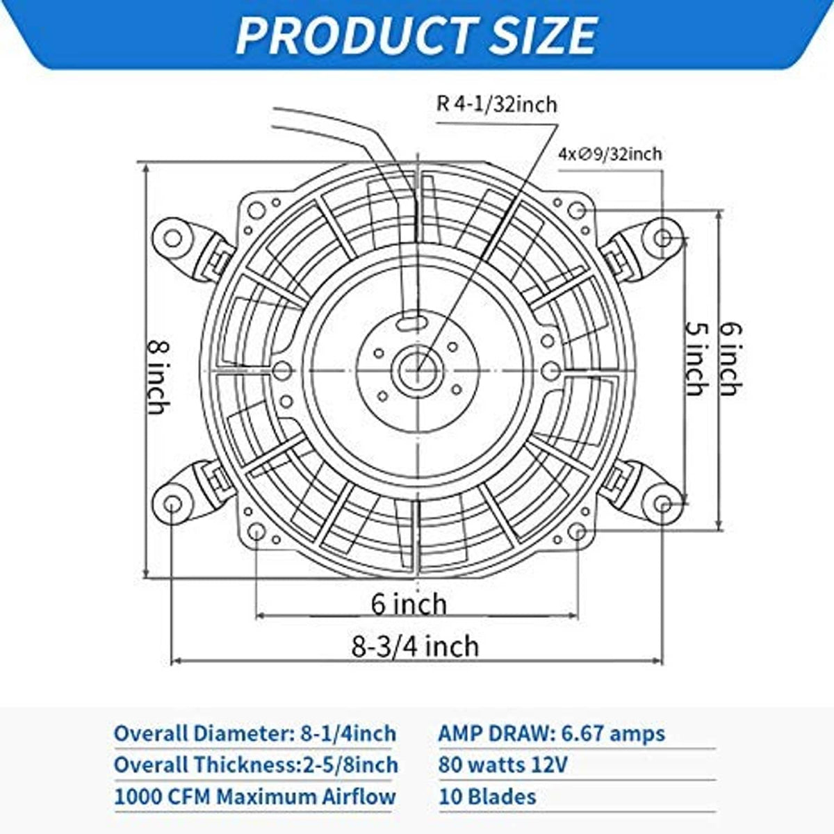 Fan size diagram for an 8-inch 12V radiator cooling fan with dimensions shown