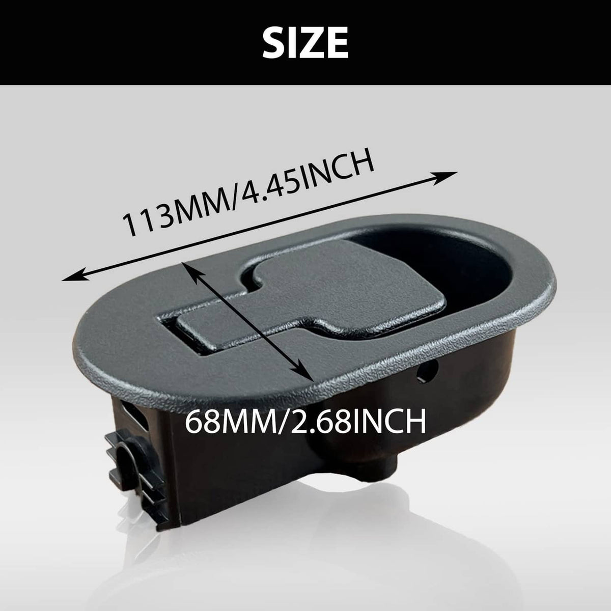 Recliner handle replacement, black snap-in handle with approximate size markings