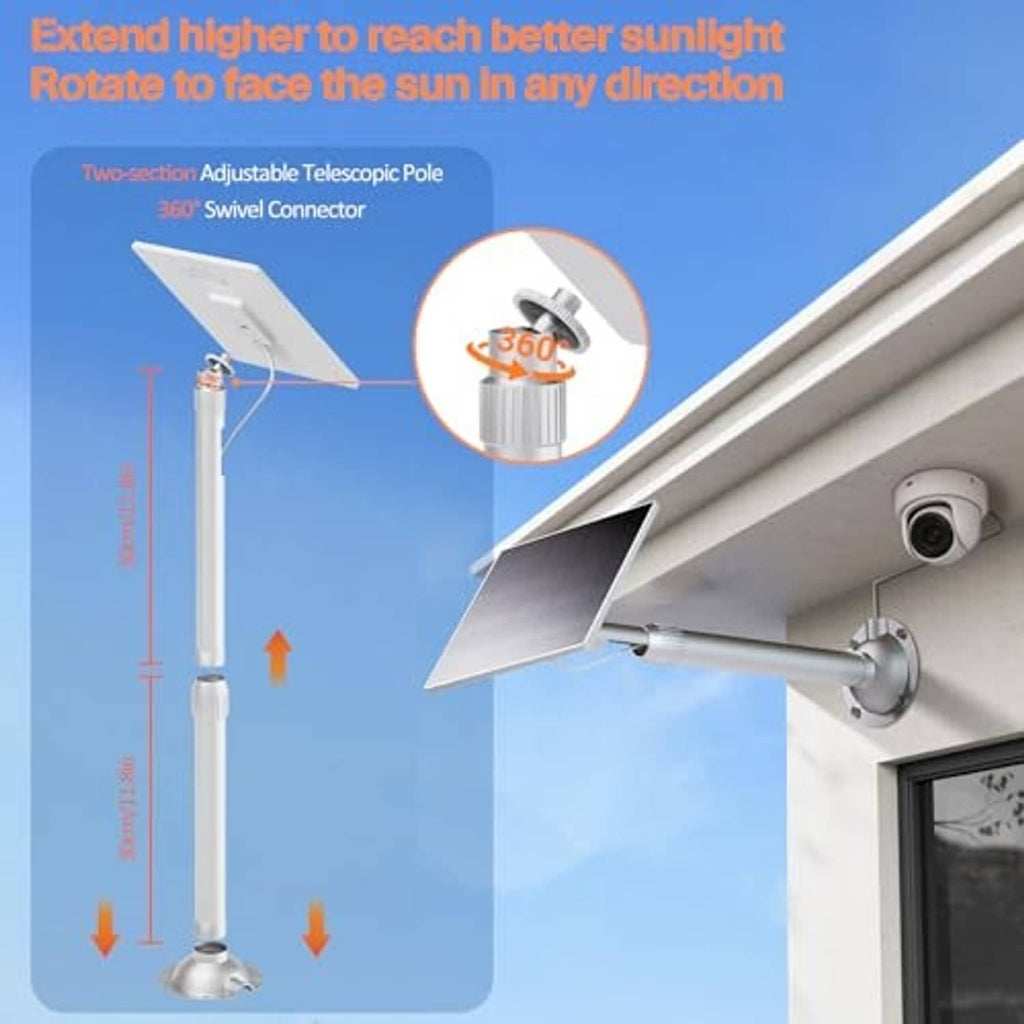 White adjustable telescopic solar pole with 360° swivel connector and wall-mount bracket.