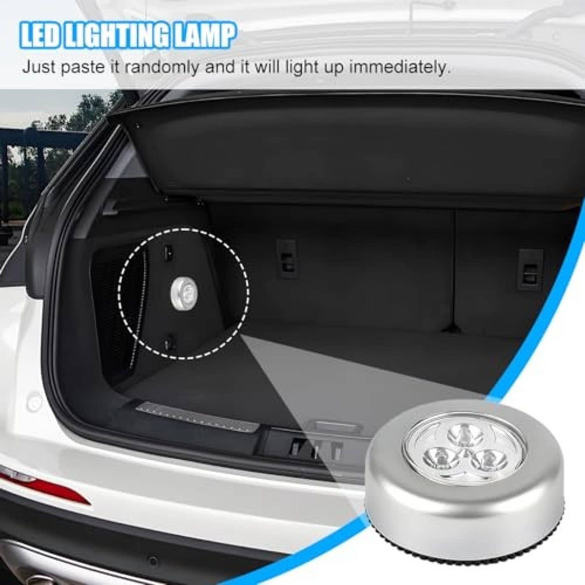 Round silver LED dome light puck placed in vehicle interior