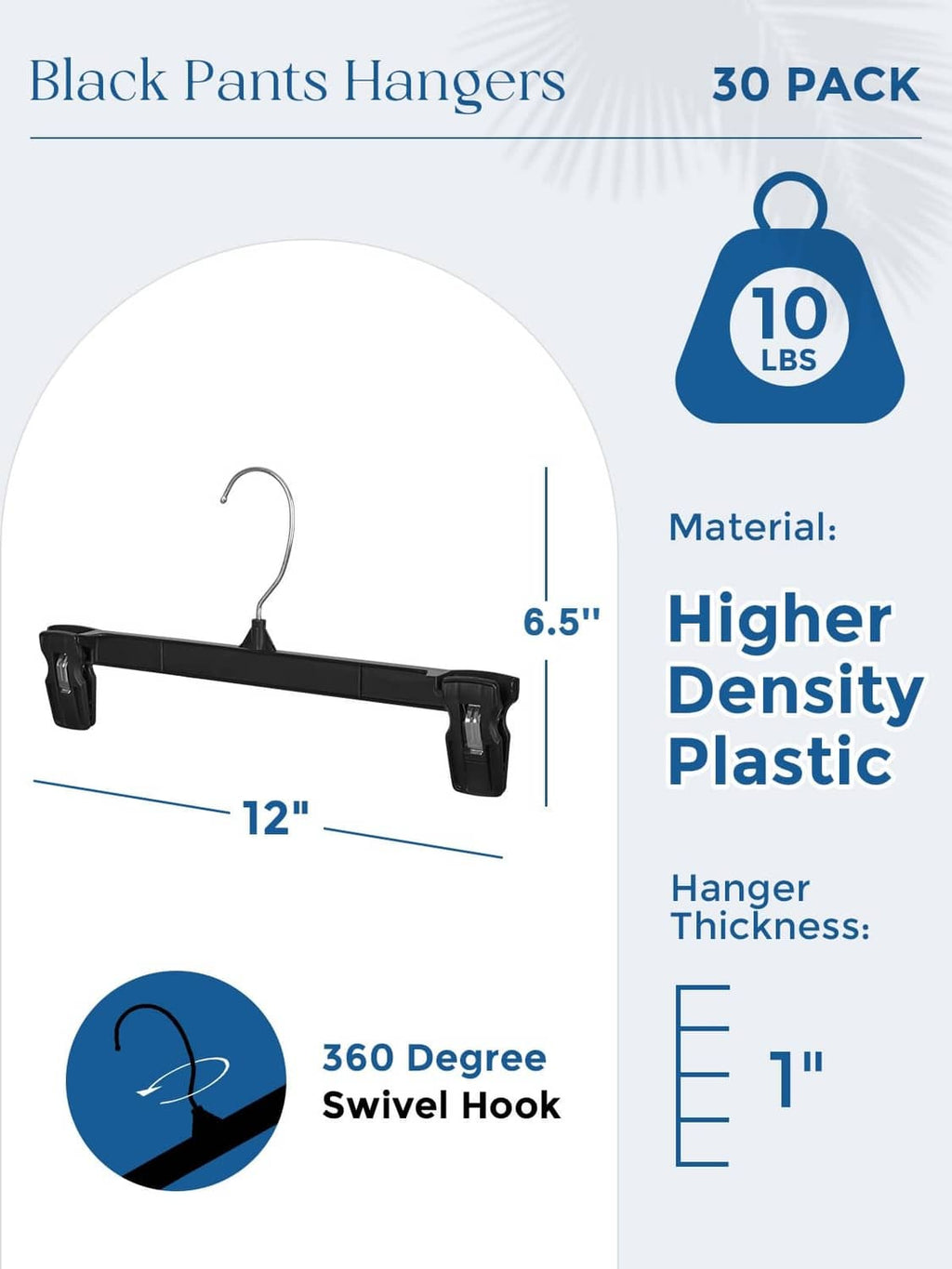 Black clip pant hanger with 360-degree swivel hook shown with measurements