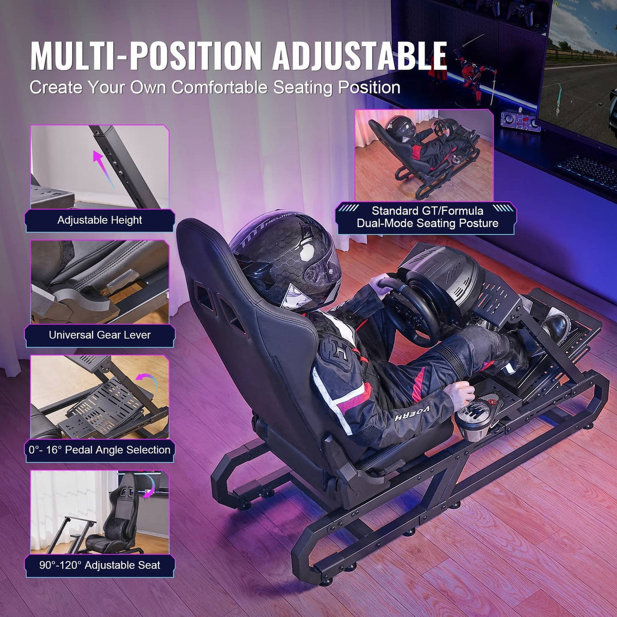 Adjustable racing simulator cockpit with black seat and multi-piece pedal platform.