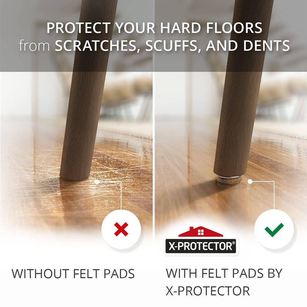 Felt pad protection graphic with floor scratch icons, includes check and cross