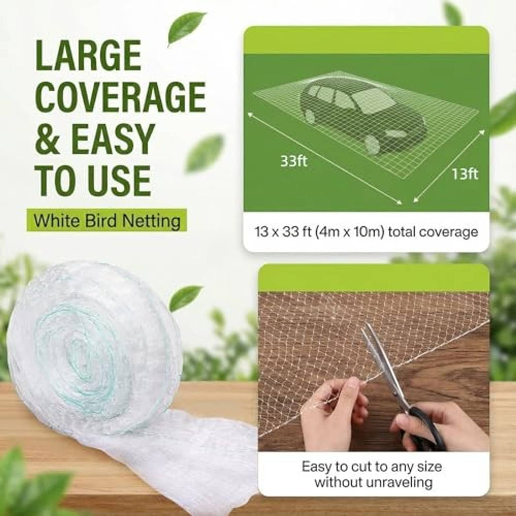 Clear bird netting roll with 1x1 inch mesh and large coverage size for trees and gardens