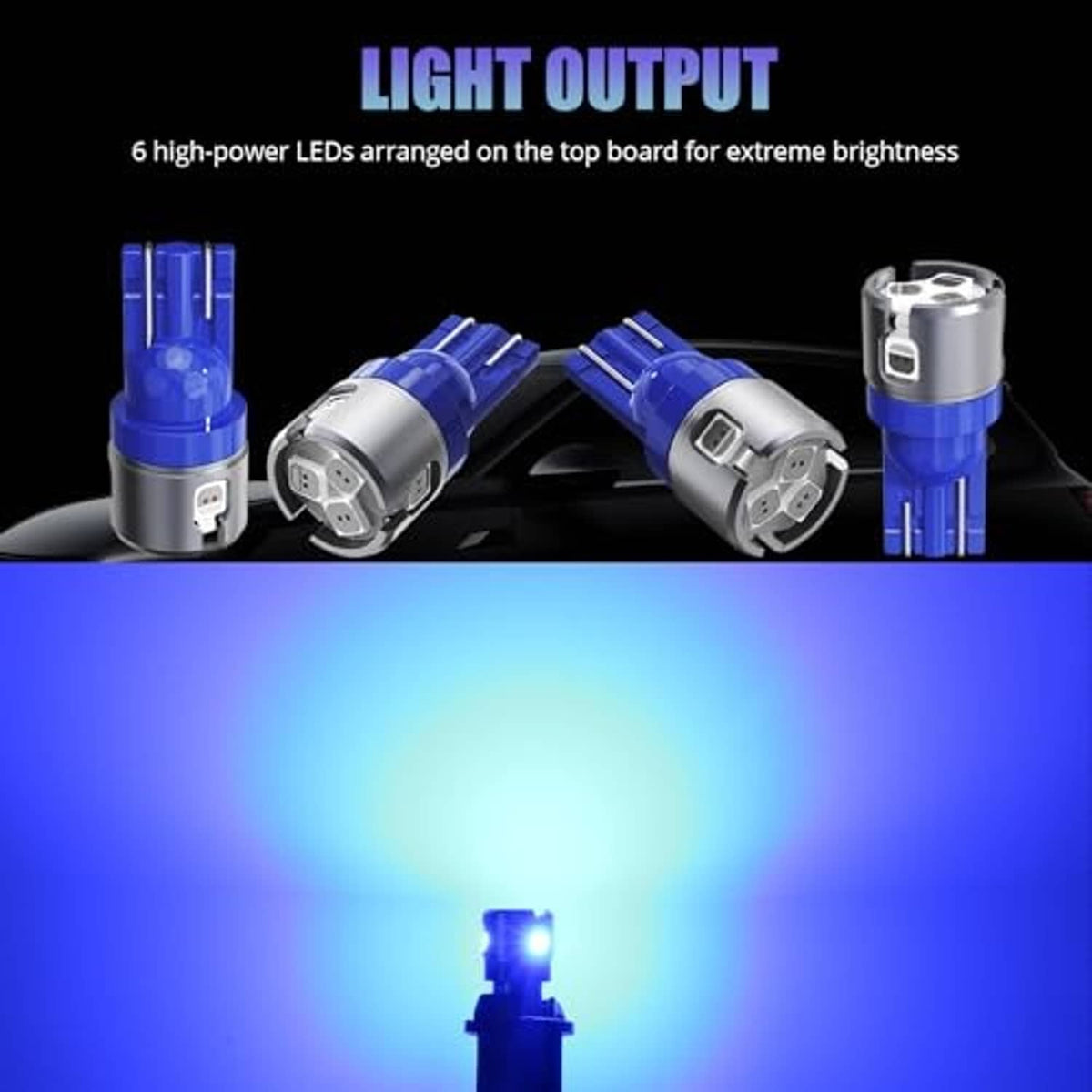 Set of blue T10 W5W LED bulbs with six top LEDs and bright blue output