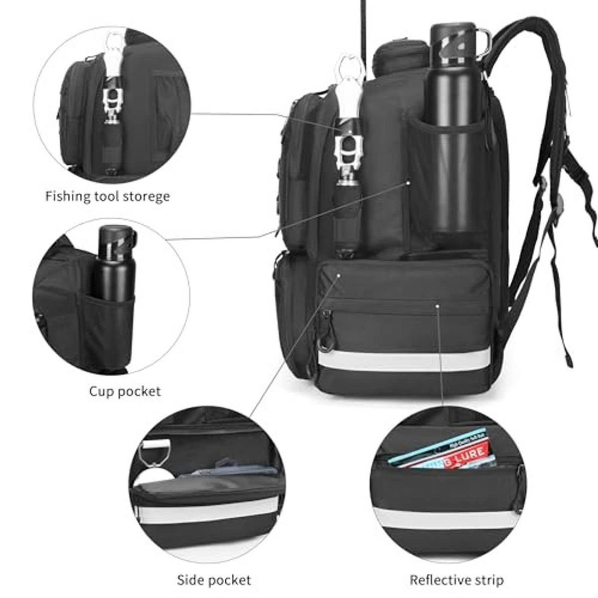 Black tackle backpack with cup pocket, tool storage pockets, and reflective strip