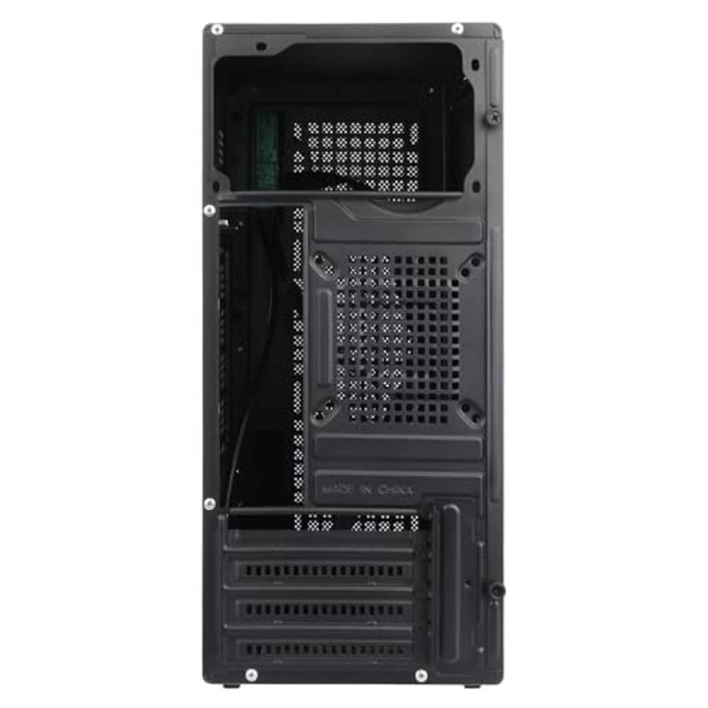 Black desktop computer case interior with motherboard tray and drive bays