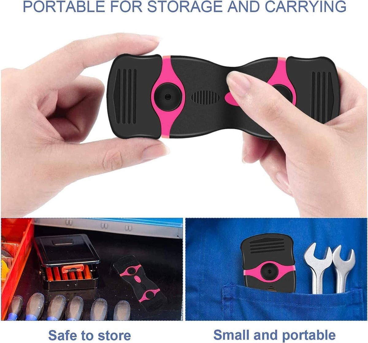 Double-edge razor scraper held in hands, pink and black non-slip handle with blade