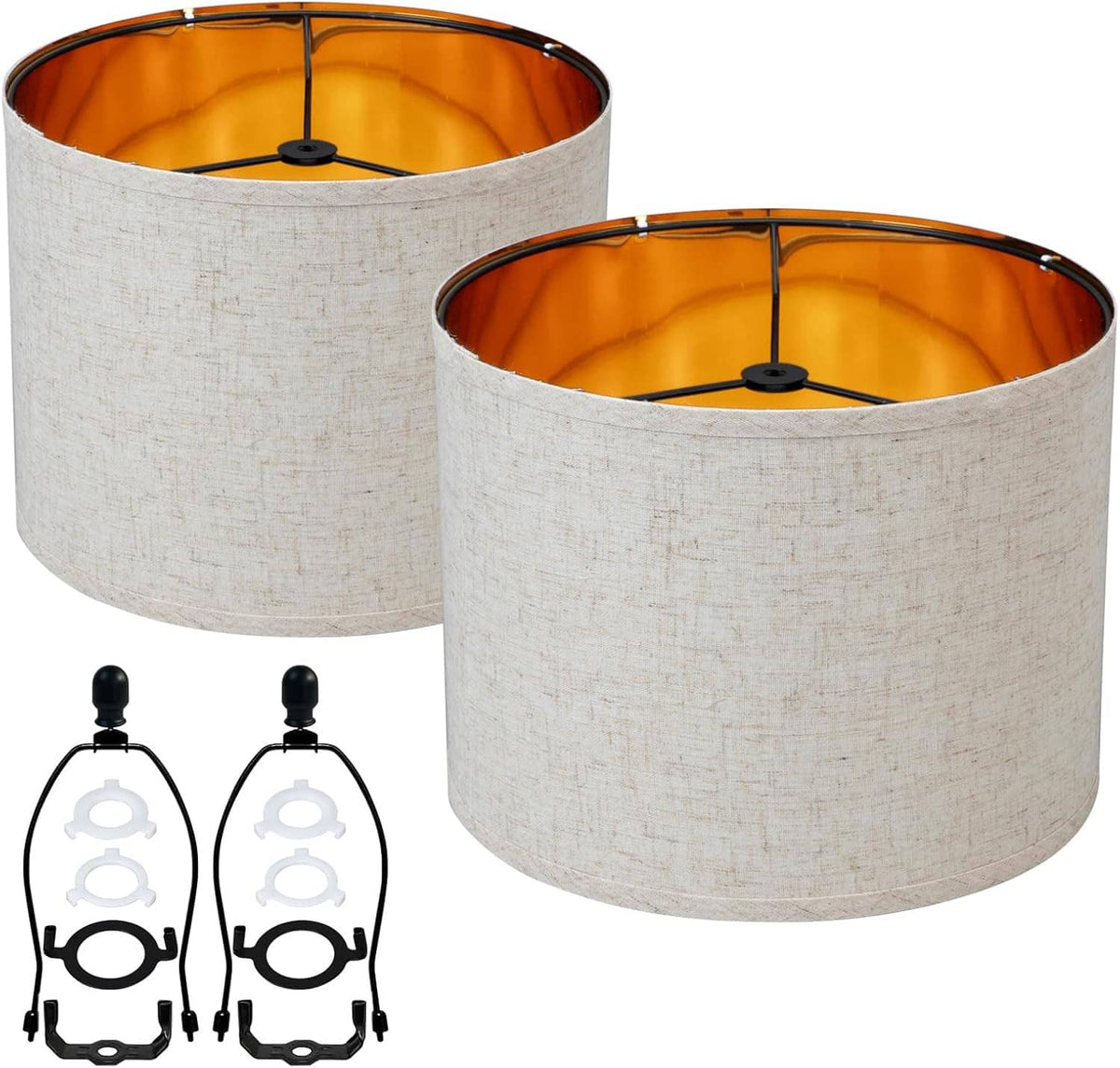 Set of two white linen drum shades with amber interior lining, matching black hardware