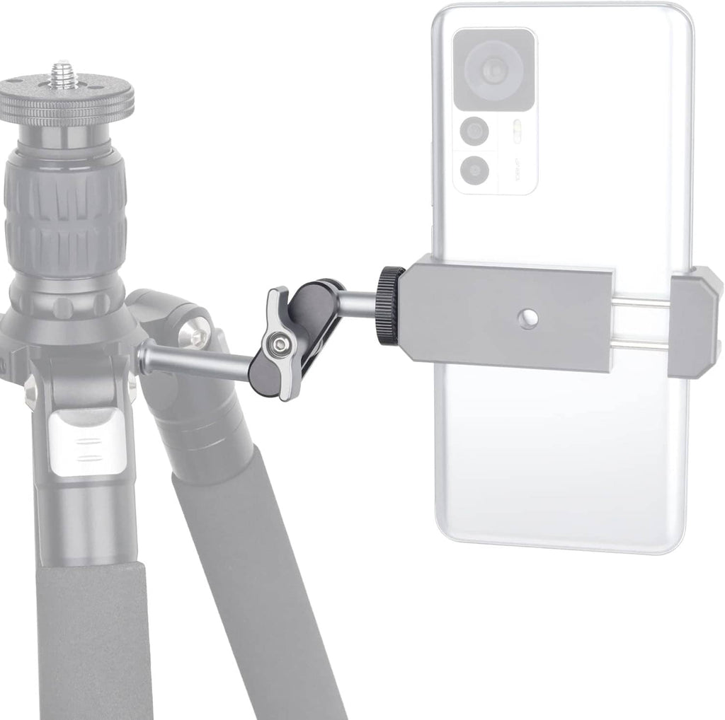 Silver tripod arm clamp with adjustable phone holder for 1/4" mounting