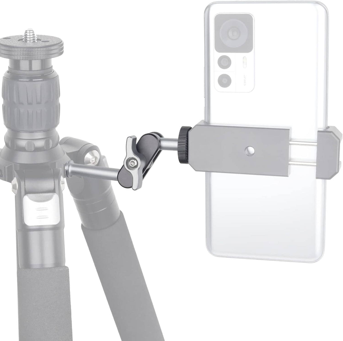 Silver tripod arm clamp with adjustable phone holder for 1/4" mounting