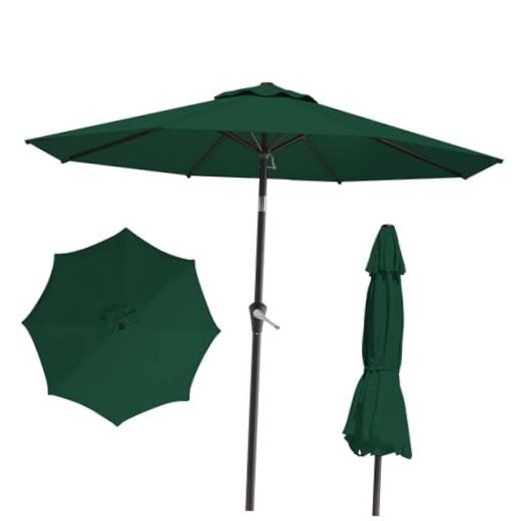 Dark green patio umbrella with push-tilt pole and round canopy, partially open