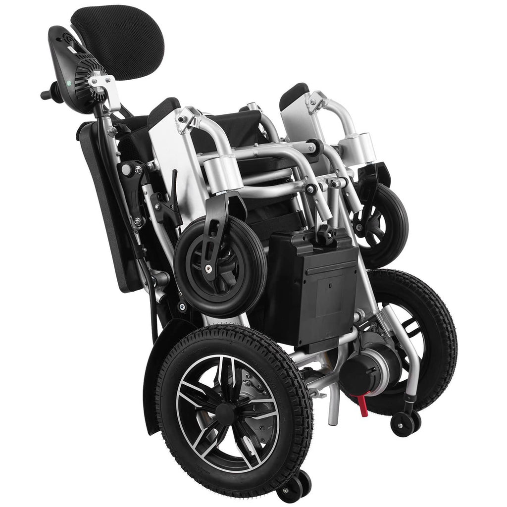 Motorized electric wheelchair with silver frame, black wheels, and joystick near armrest