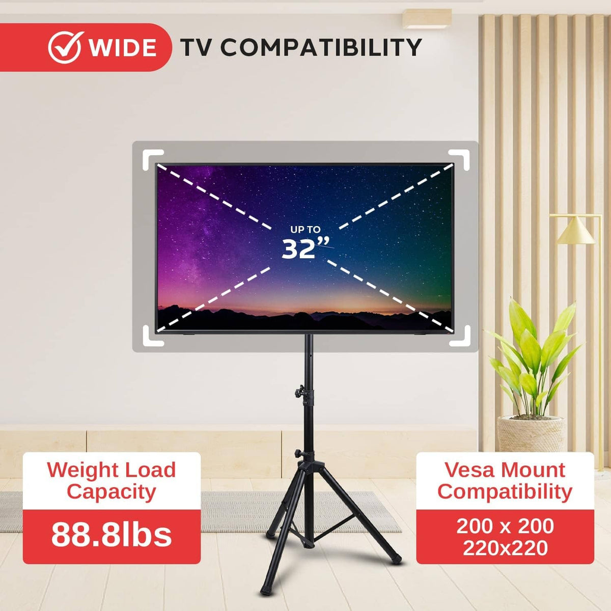 TV tripod stand with VESA bracket and wide compatible mounting options, black