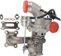 Turbocharger assembly with silver housing, red caps, black hoses, and included gaskets