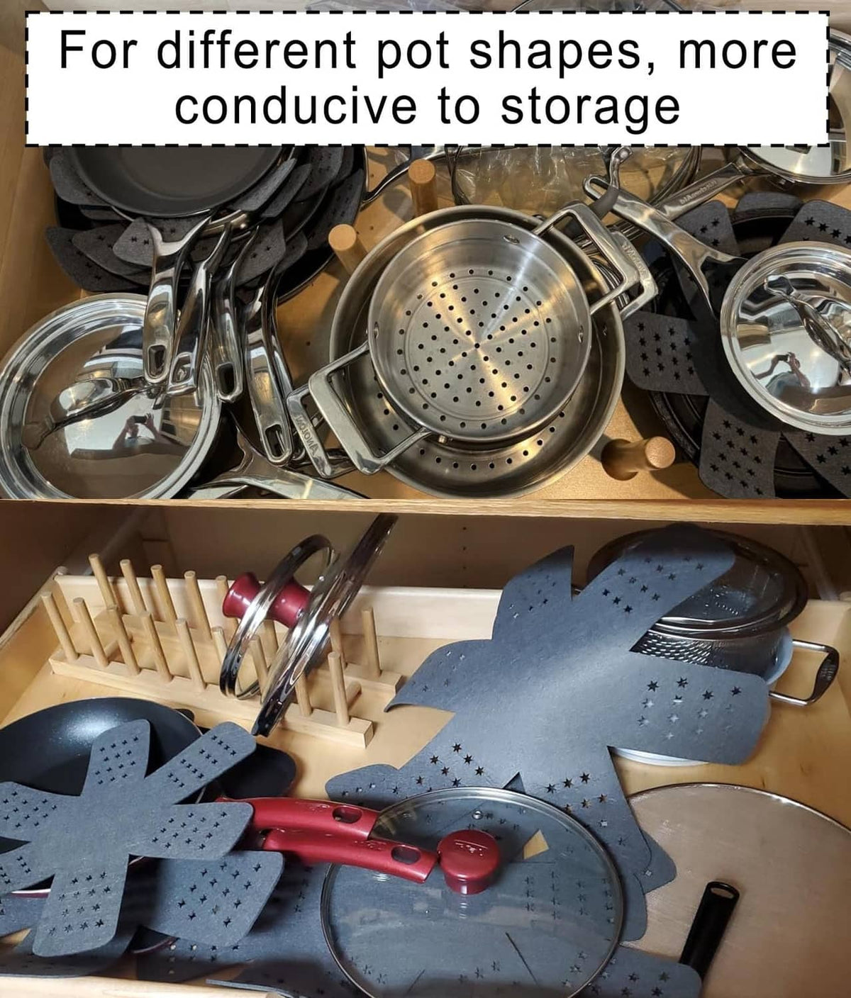 Gray pot and pan protectors arranged in a kitchen drawer among stacked cookware.