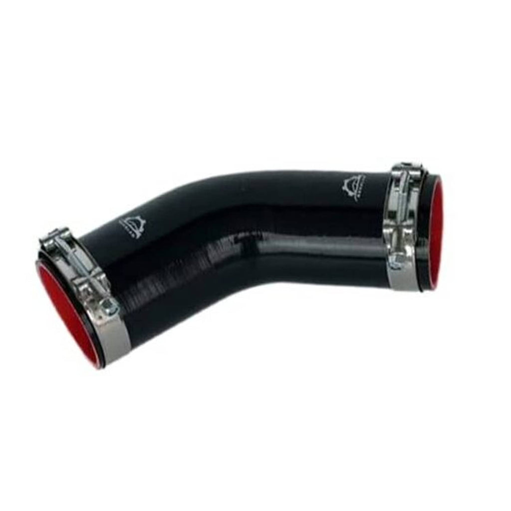 Black 45° elbow hose coupler with two clamp bands and red-rim ends