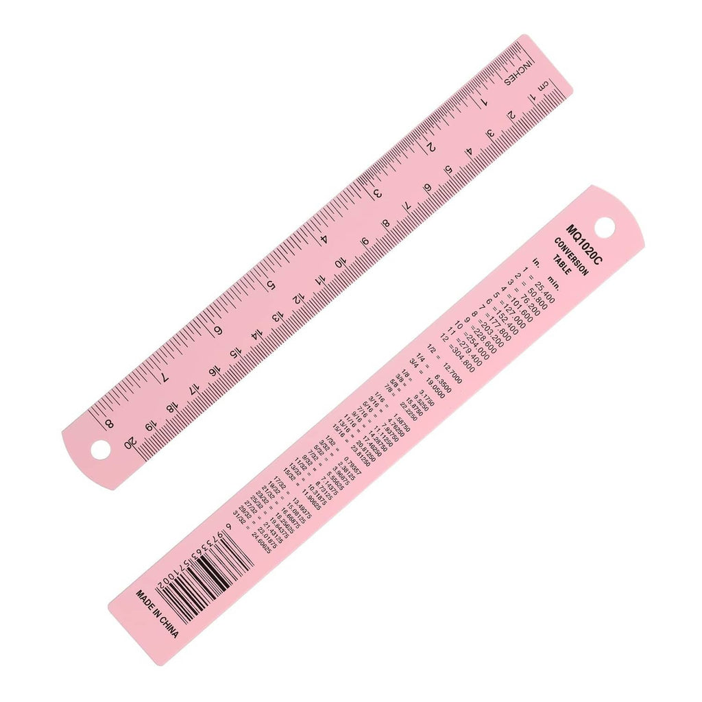 Pink metal ruler with metric and inch markings, 20 cm / 8 in