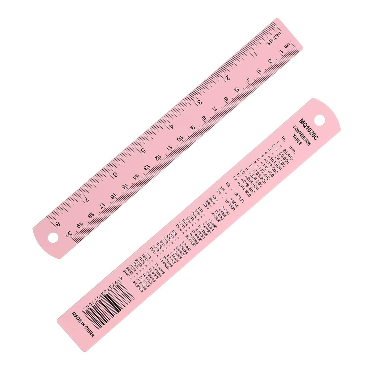 Pink metal ruler with metric and inch markings, 20 cm / 8 in