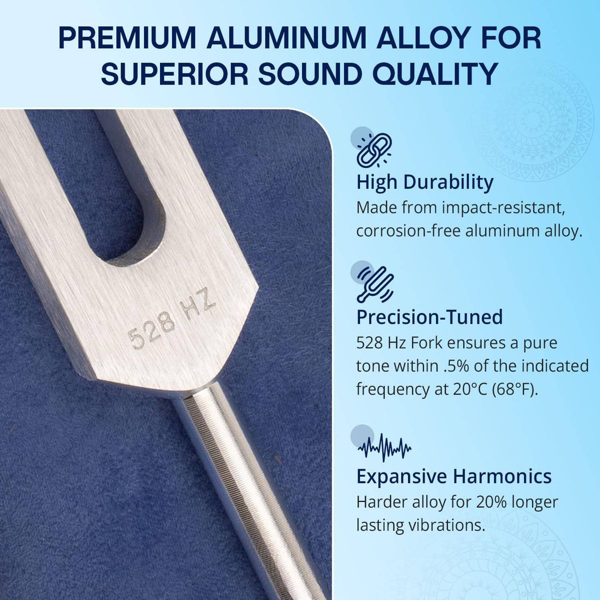 Silver 528 Hz tuning fork head close-up with etched frequency on aluminum