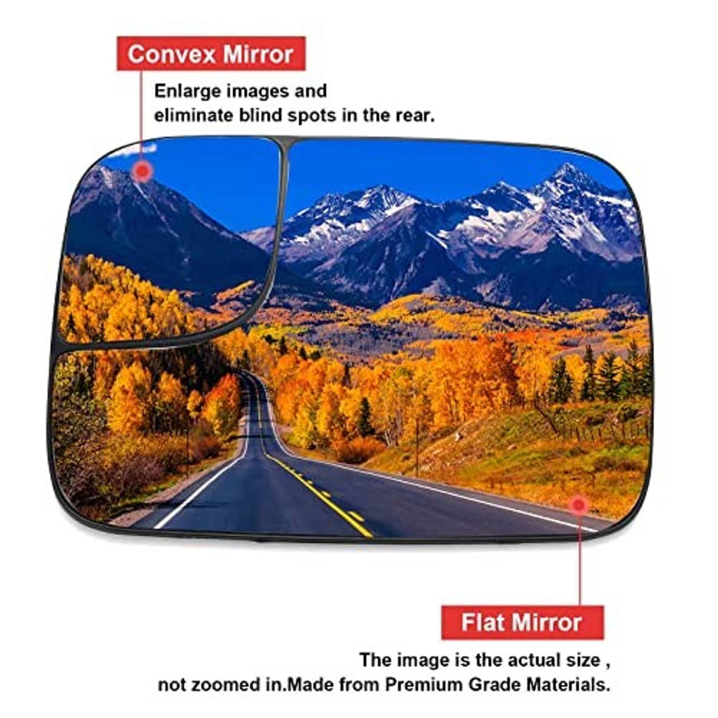 Convex heated left driver side mirror glass, wide-angle curved clear pane