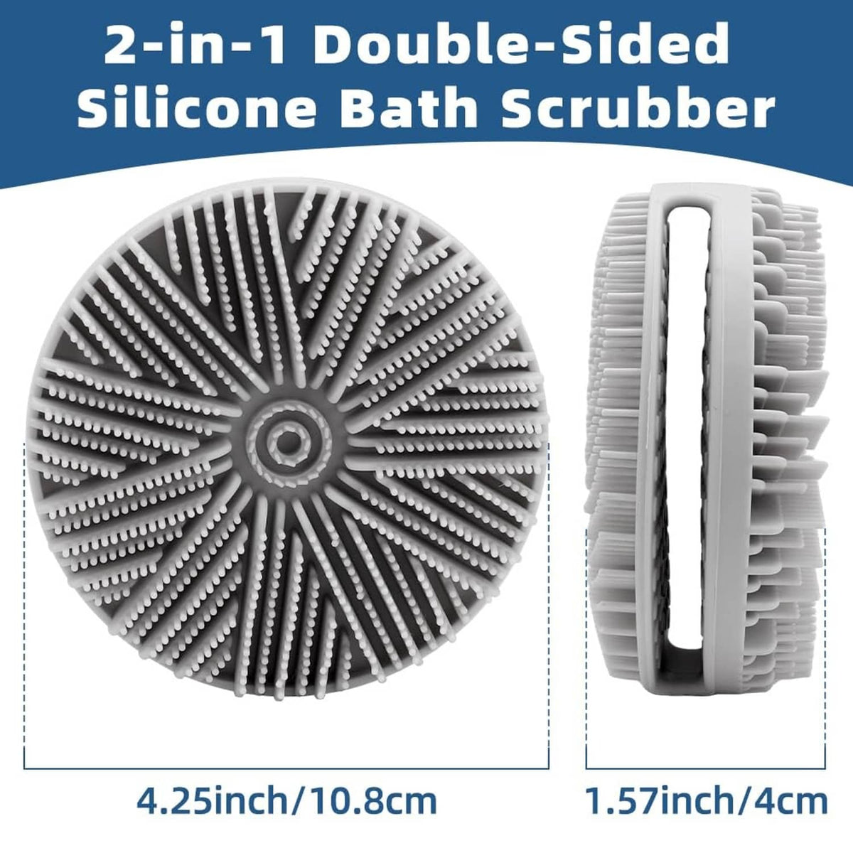 Dual-sided silicone bath scrubber disc, grey bristles with side handle