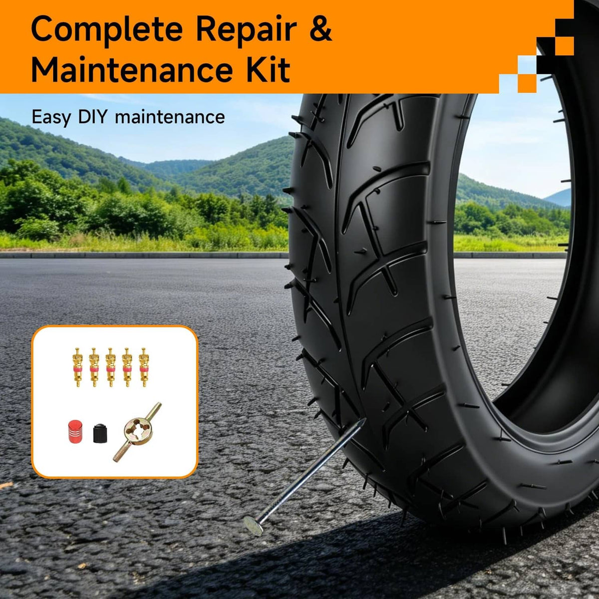 Black 12.5x2.25 scooter tire with repair and maintenance kit accessories