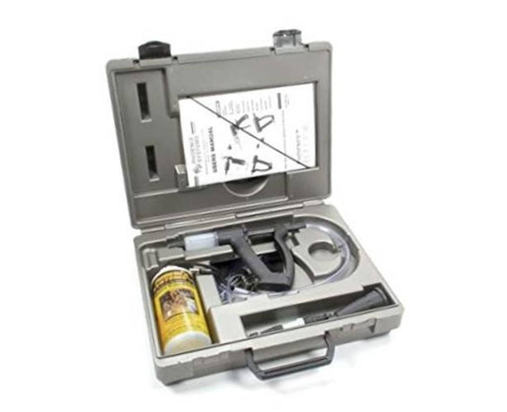 Brake and clutch bleeder kit in gray hard case with bottle, fittings, and gauge ring