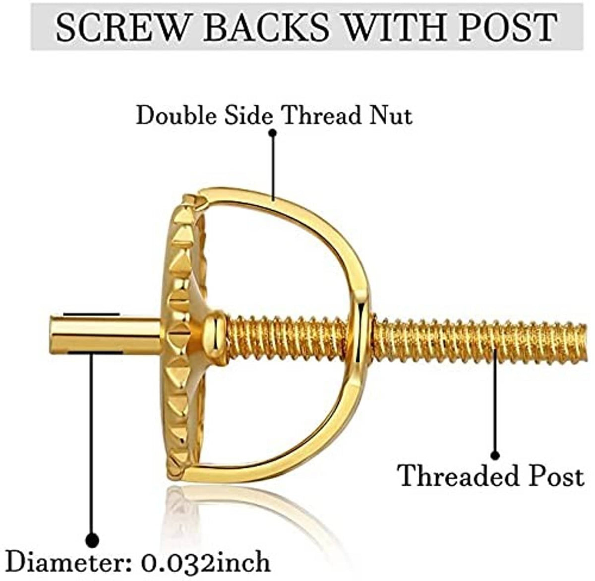 Gold screw earring backs with post, threaded nut and stud post diagram