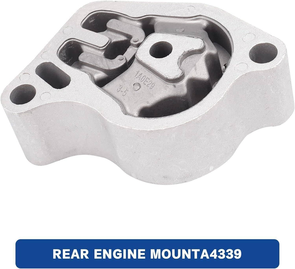 Rear engine mount with silver metal bracket and black rubber isolator, close-up